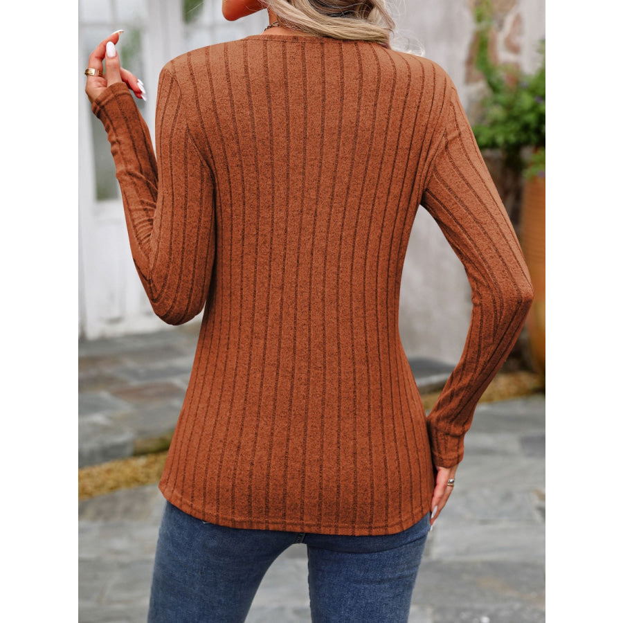 Decorative Button Round Neck Long Sleeve T-Shirt Apparel and Accessories