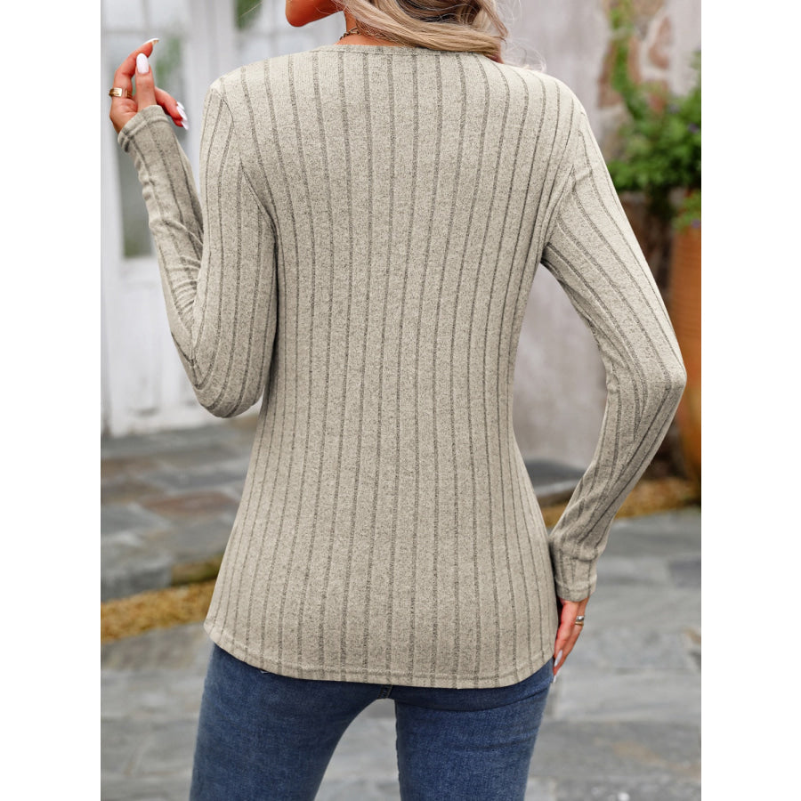 Decorative Button Round Neck Long Sleeve T-Shirt Apparel and Accessories