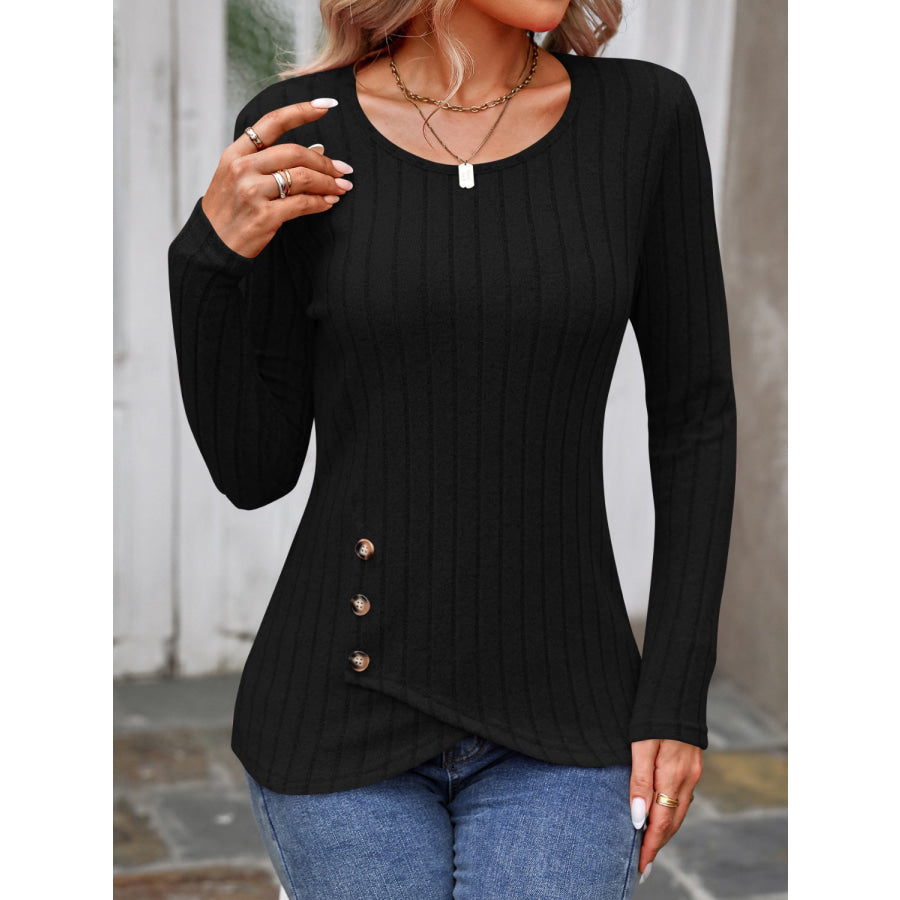 Decorative Button Round Neck Long Sleeve T-Shirt Apparel and Accessories