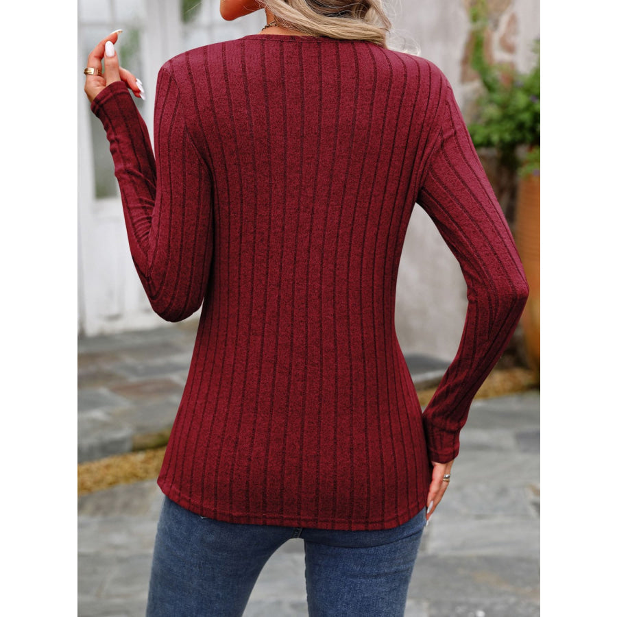 Decorative Button Round Neck Long Sleeve T-Shirt Apparel and Accessories