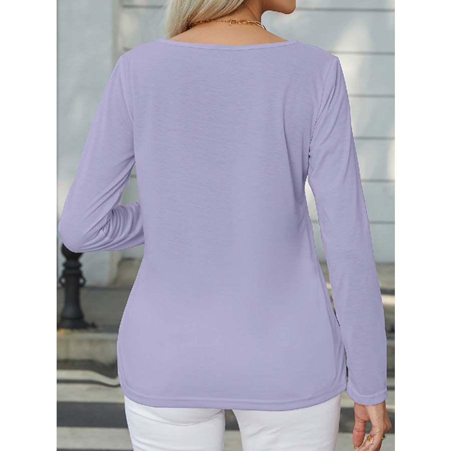 Decorative Button Round Neck Long Sleeve T - Shirt Apparel and Accessories