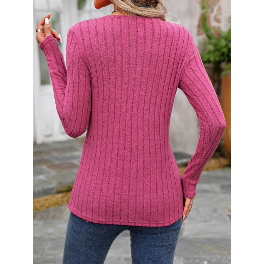 Decorative Button Round Neck Long Sleeve T-Shirt Apparel and Accessories