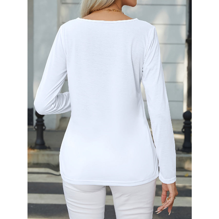 Decorative Button Round Neck Long Sleeve T - Shirt Apparel and Accessories