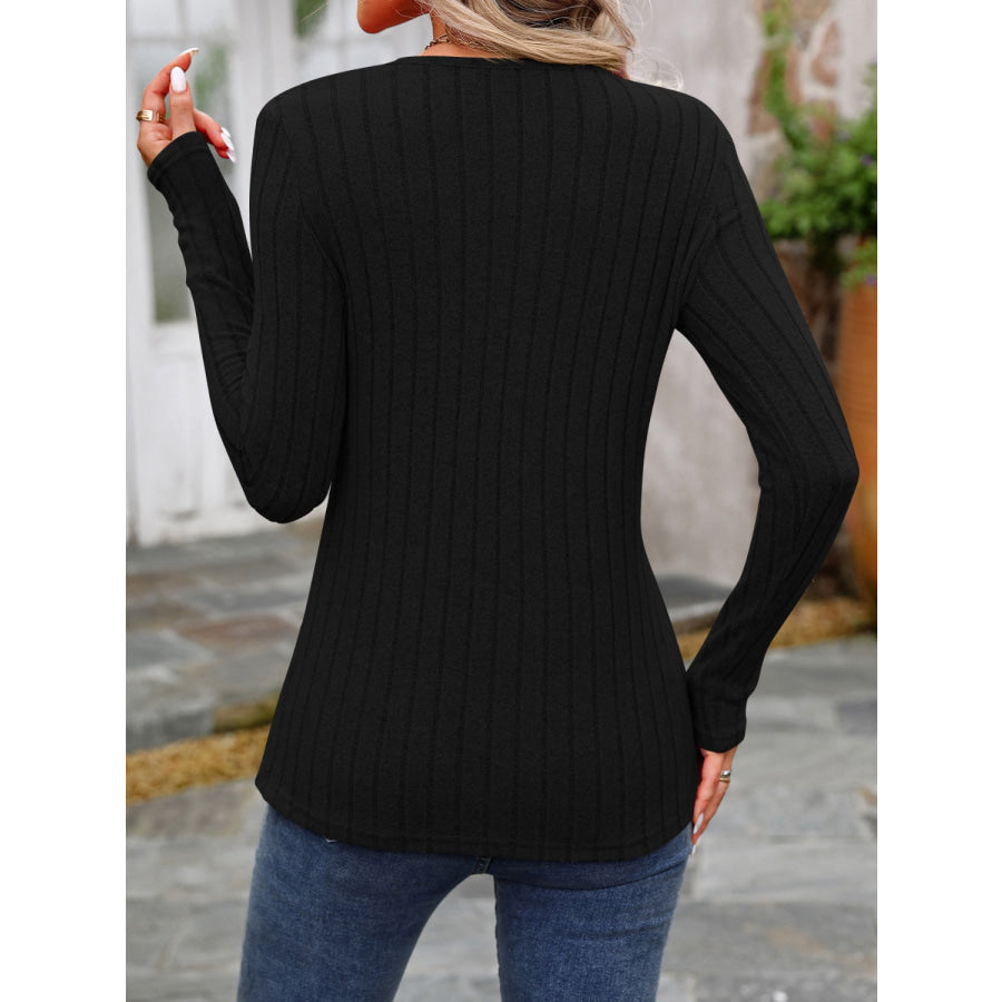 Decorative Button Round Neck Long Sleeve T-Shirt Apparel and Accessories