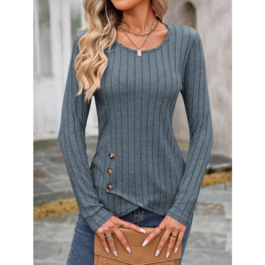 Decorative Button Round Neck Long Sleeve T-Shirt Apparel and Accessories