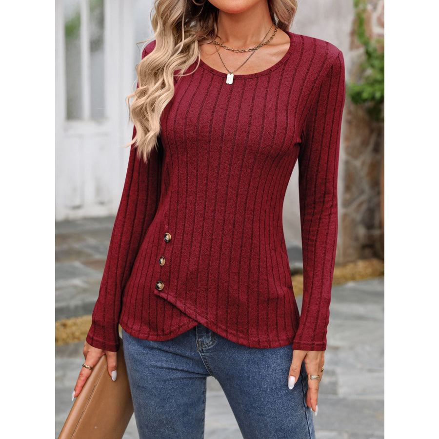 Decorative Button Round Neck Long Sleeve T-Shirt Apparel and Accessories