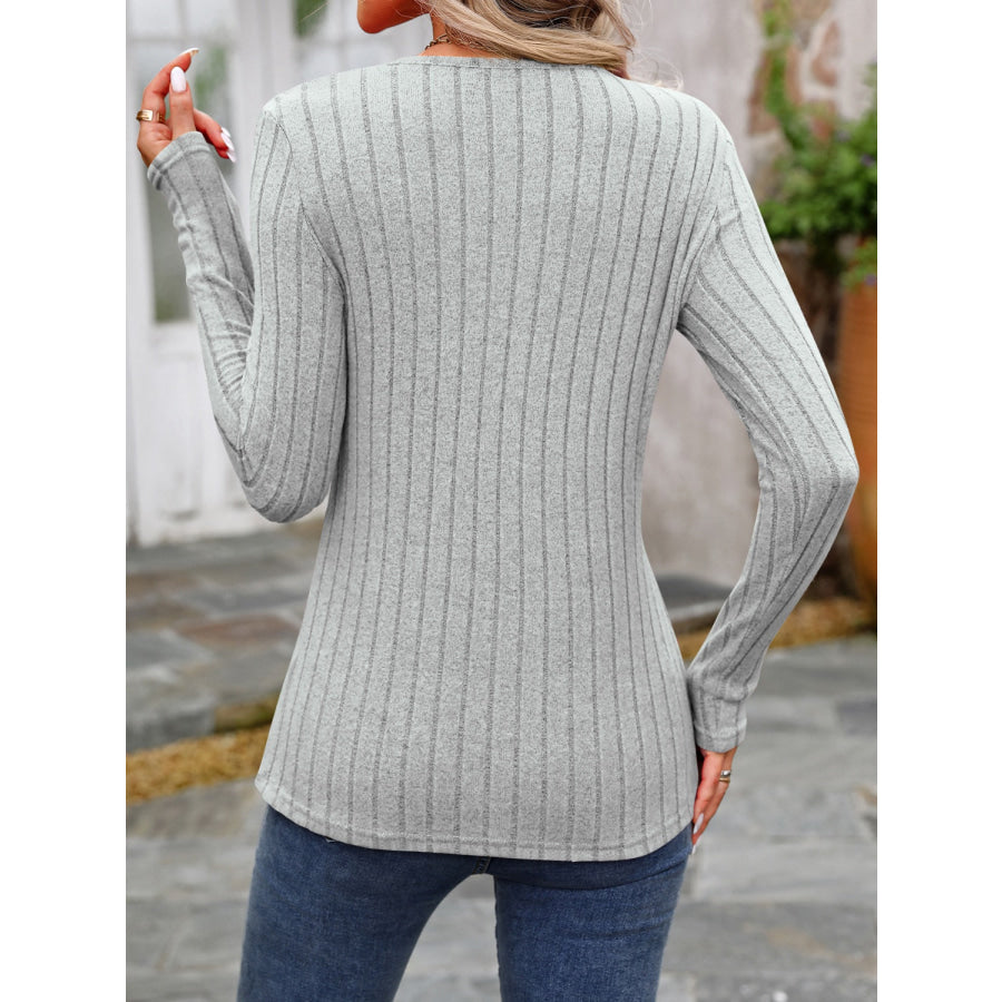 Decorative Button Round Neck Long Sleeve T-Shirt Gray / S Apparel and Accessories