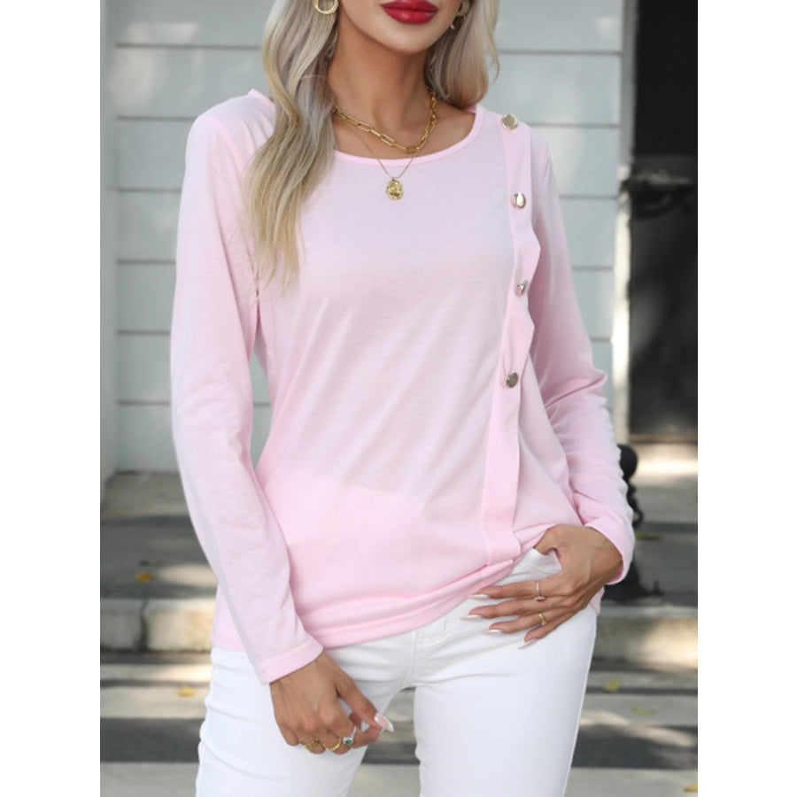 Decorative Button Round Neck Long Sleeve T - Shirt Blush Pink / S Apparel and Accessories