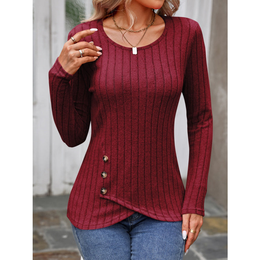 Decorative Button Round Neck Long Sleeve T-Shirt Burgundy / S Apparel and Accessories