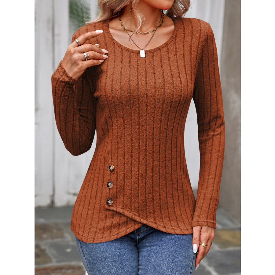 Decorative Button Round Neck Long Sleeve T-Shirt Caramel / S Apparel and Accessories