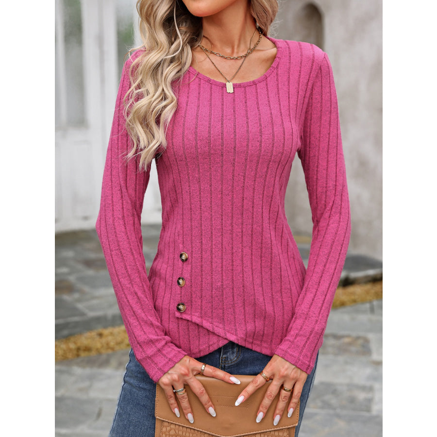 Decorative Button Round Neck Long Sleeve T-Shirt Deep Rose / S Apparel and Accessories