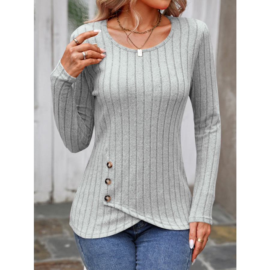 Decorative Button Round Neck Long Sleeve T-Shirt Gray / S Apparel and Accessories