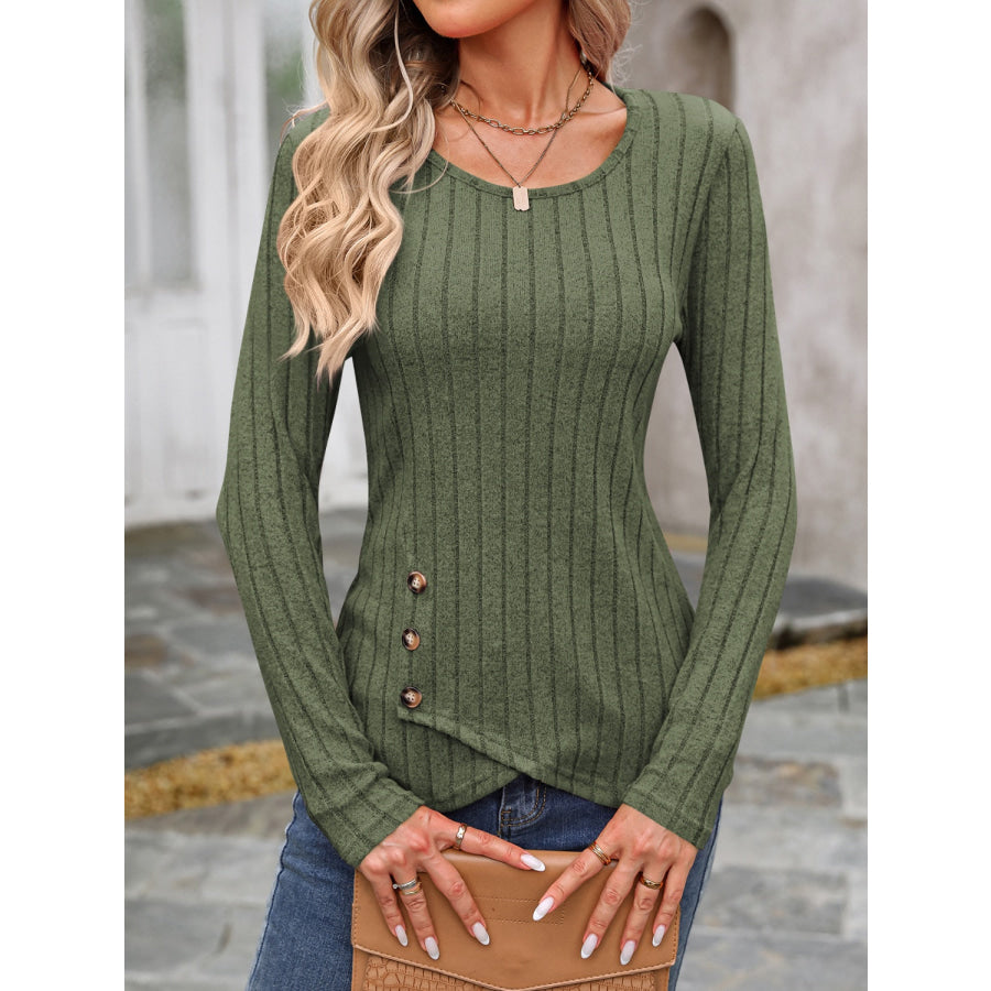 Decorative Button Round Neck Long Sleeve T-Shirt Moss / S Apparel and Accessories