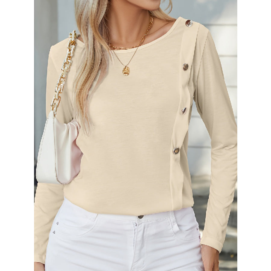 Decorative Button Round Neck Long Sleeve T - Shirt Sand / S Apparel and Accessories