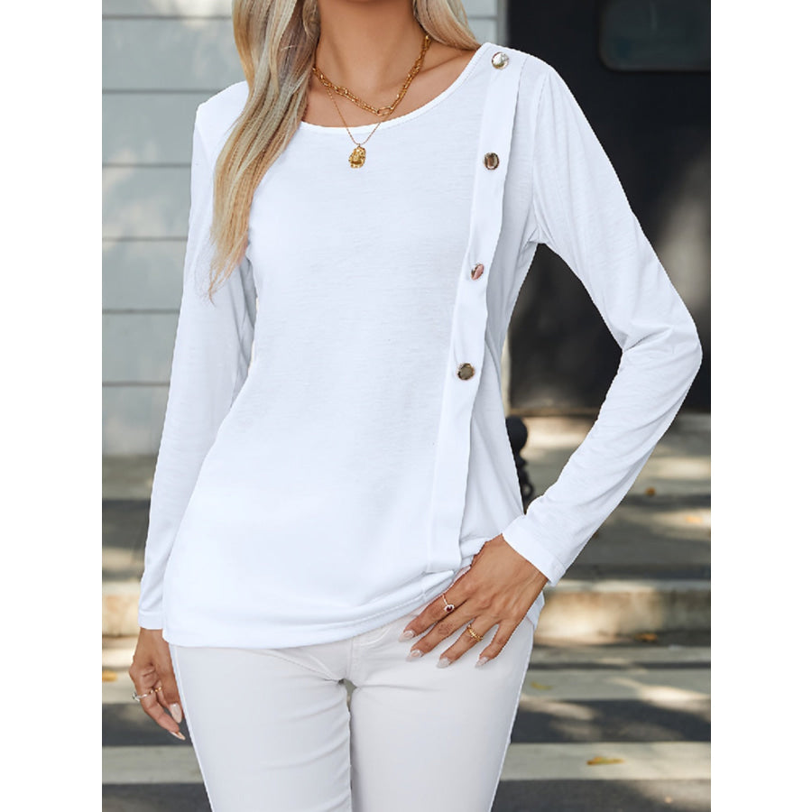 Decorative Button Round Neck Long Sleeve T - Shirt White / S Apparel and Accessories