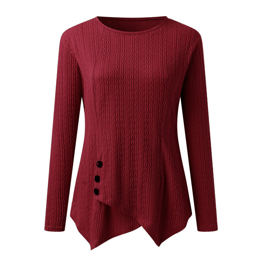 Decorative Button Round Neck Long Sleeve Top Apparel and Accessories