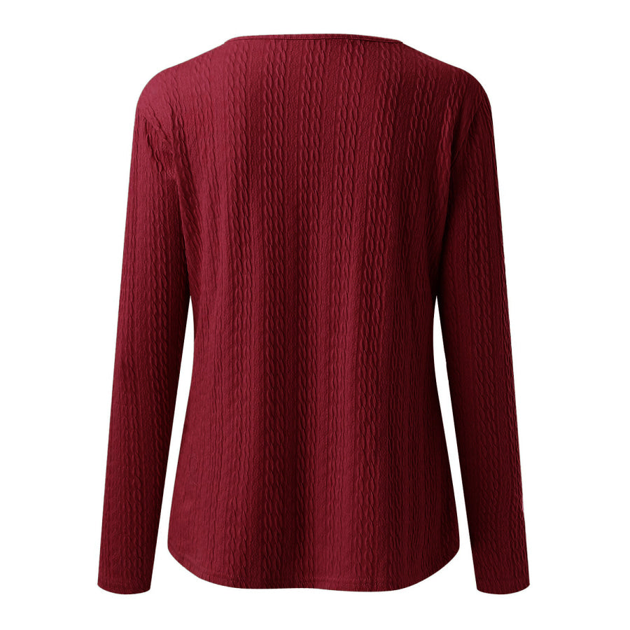 Decorative Button Round Neck Long Sleeve Top Apparel and Accessories