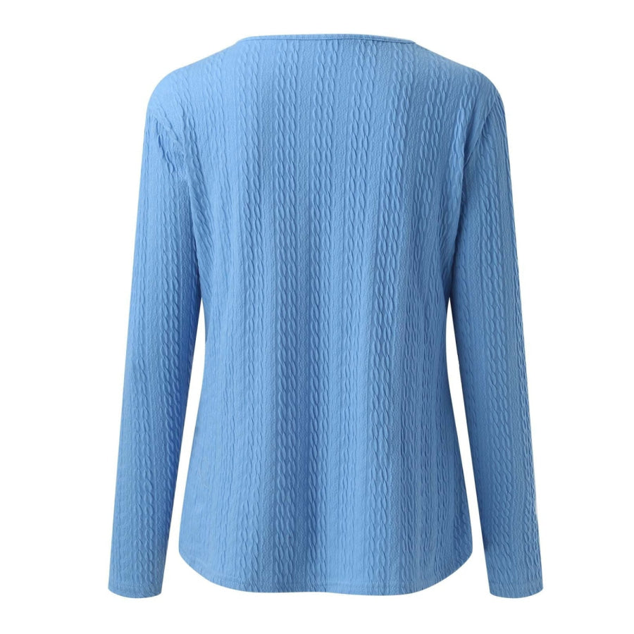 Decorative Button Round Neck Long Sleeve Top Apparel and Accessories