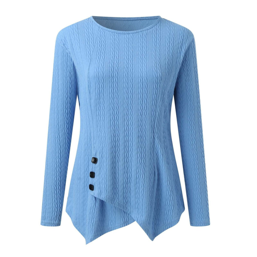 Decorative Button Round Neck Long Sleeve Top Apparel and Accessories