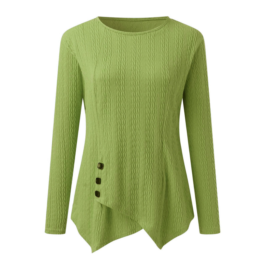 Decorative Button Round Neck Long Sleeve Top Apparel and Accessories