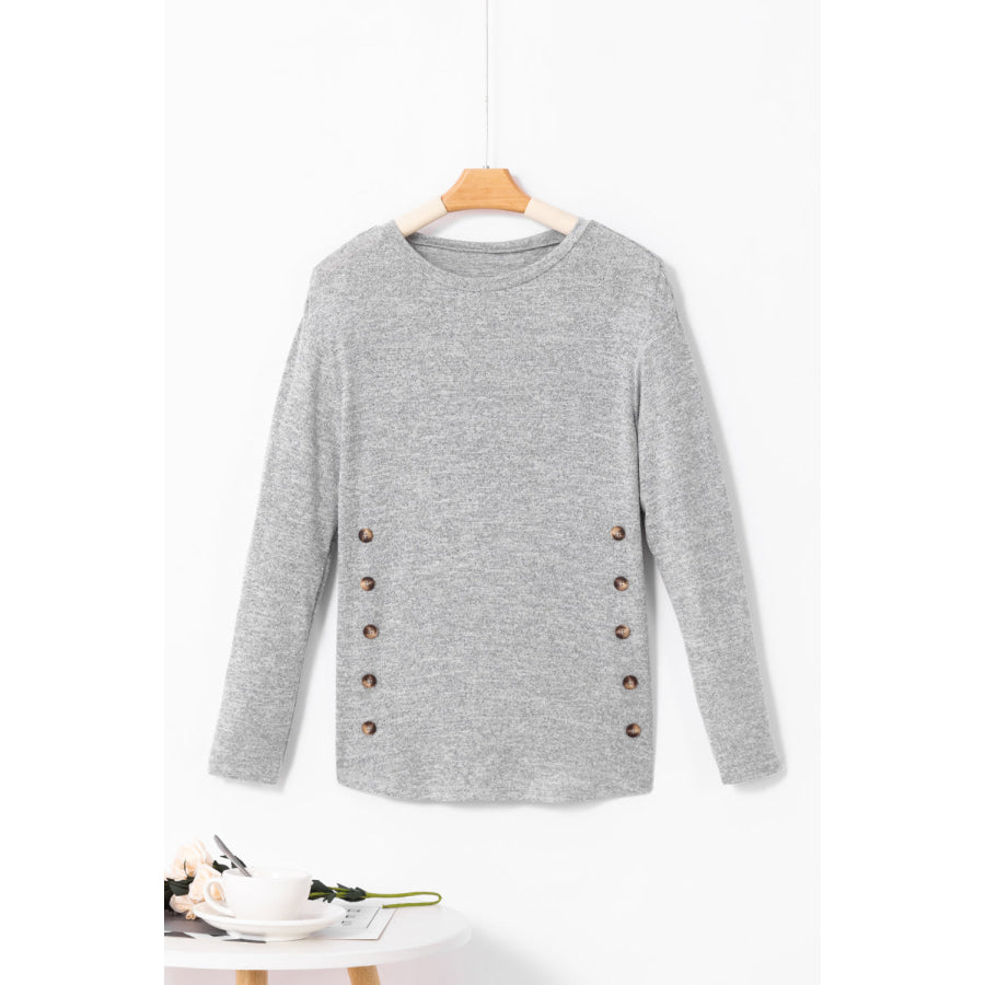 Decorative Button Round Neck Long Sleeve Top Apparel and Accessories
