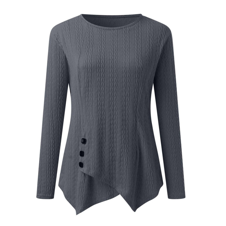 Decorative Button Round Neck Long Sleeve Top Apparel and Accessories