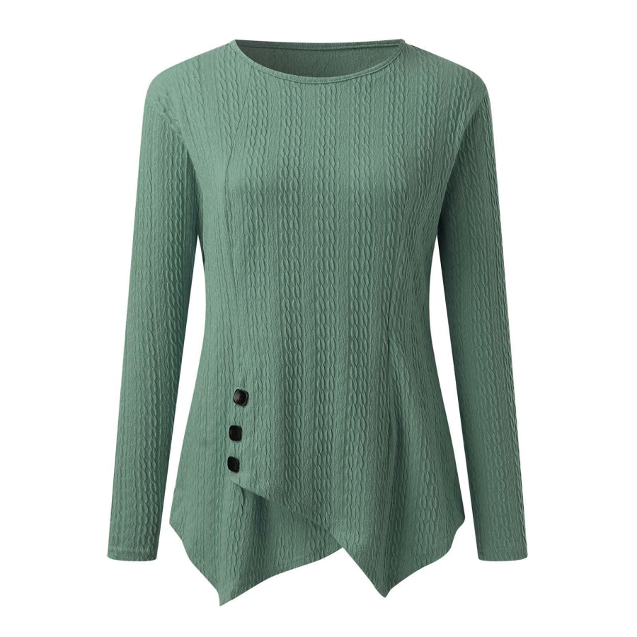 Decorative Button Round Neck Long Sleeve Top Apparel and Accessories