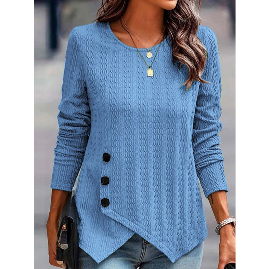 Decorative Button Round Neck Long Sleeve Top Blue / S Apparel and Accessories