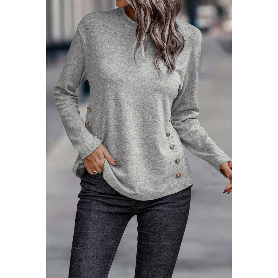Decorative Button Round Neck Long Sleeve Top Charcoal / S Apparel and Accessories