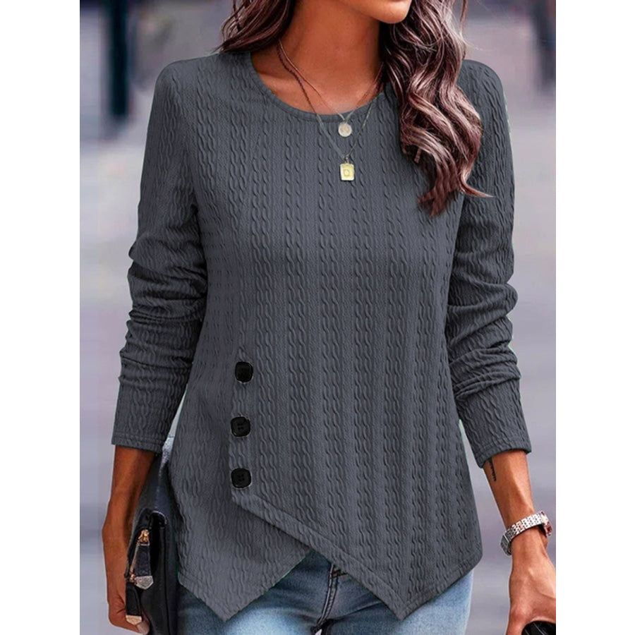 Decorative Button Round Neck Long Sleeve Top Dark Gray / S Apparel and Accessories