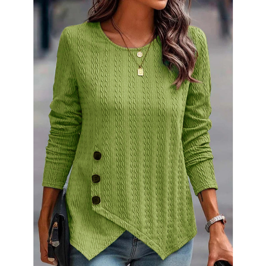 Decorative Button Round Neck Long Sleeve Top Lime / S Apparel and Accessories