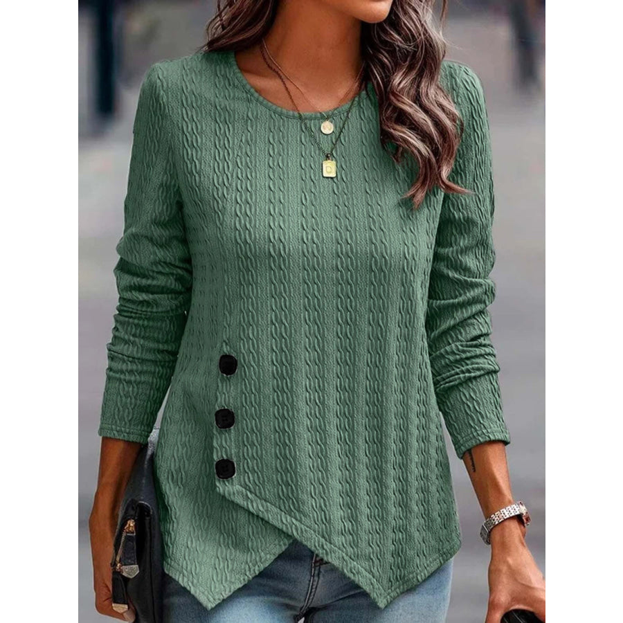 Decorative Button Round Neck Long Sleeve Top Matcha Green / S Apparel and Accessories