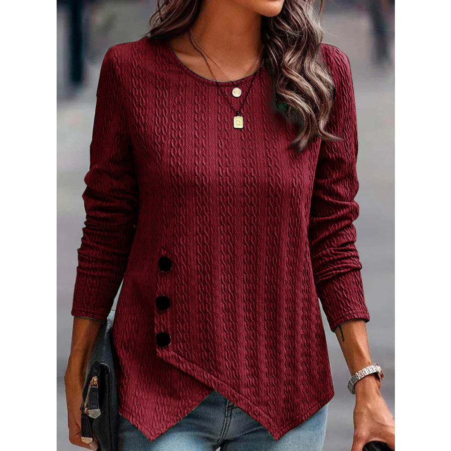 Decorative Button Round Neck Long Sleeve Top Rust / S Apparel and Accessories