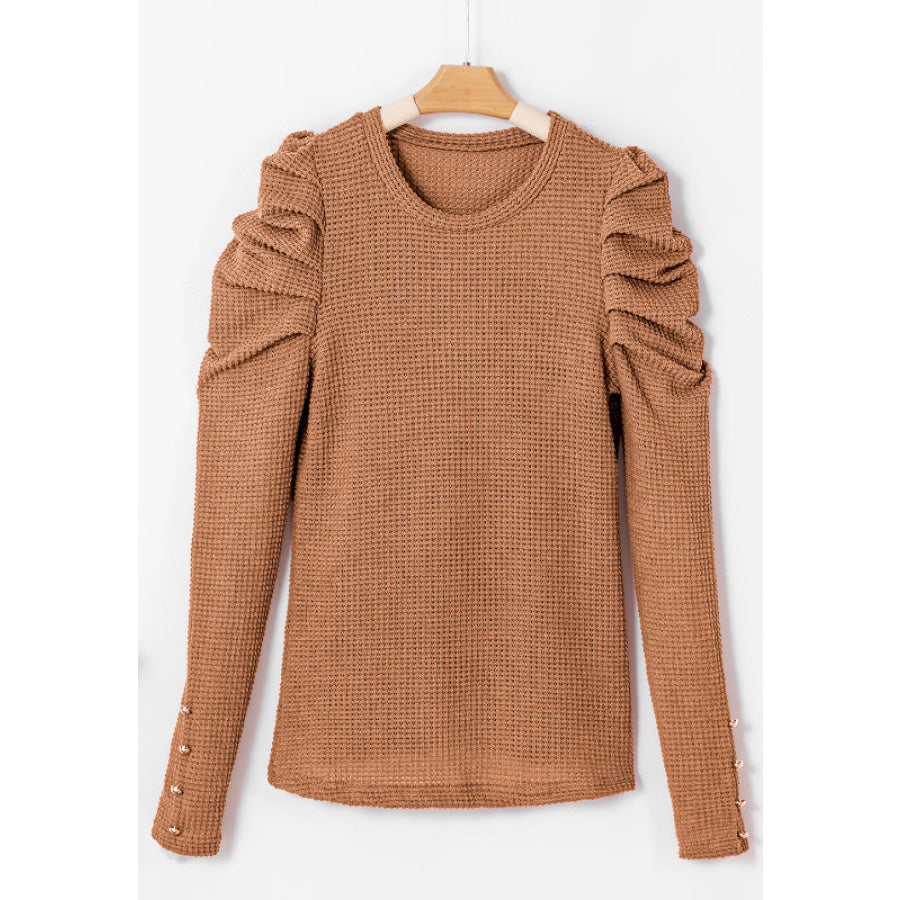 Decorative Button Round Neck Puff Sleeve Blouse Apparel and Accessories