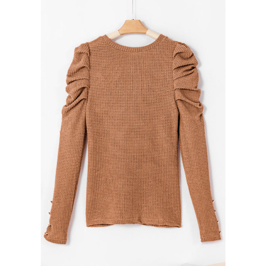 Decorative Button Round Neck Puff Sleeve Blouse Apparel and Accessories