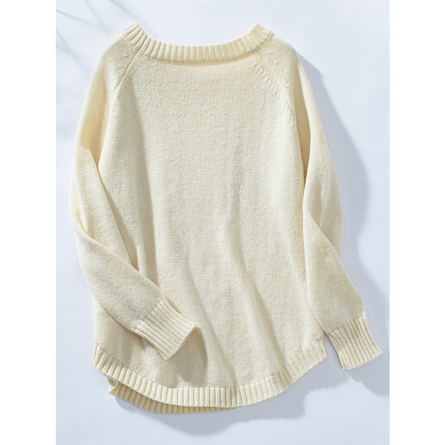 Decorative Button Round Neck Raglan Sleeve Sweater Apparel and Accessories