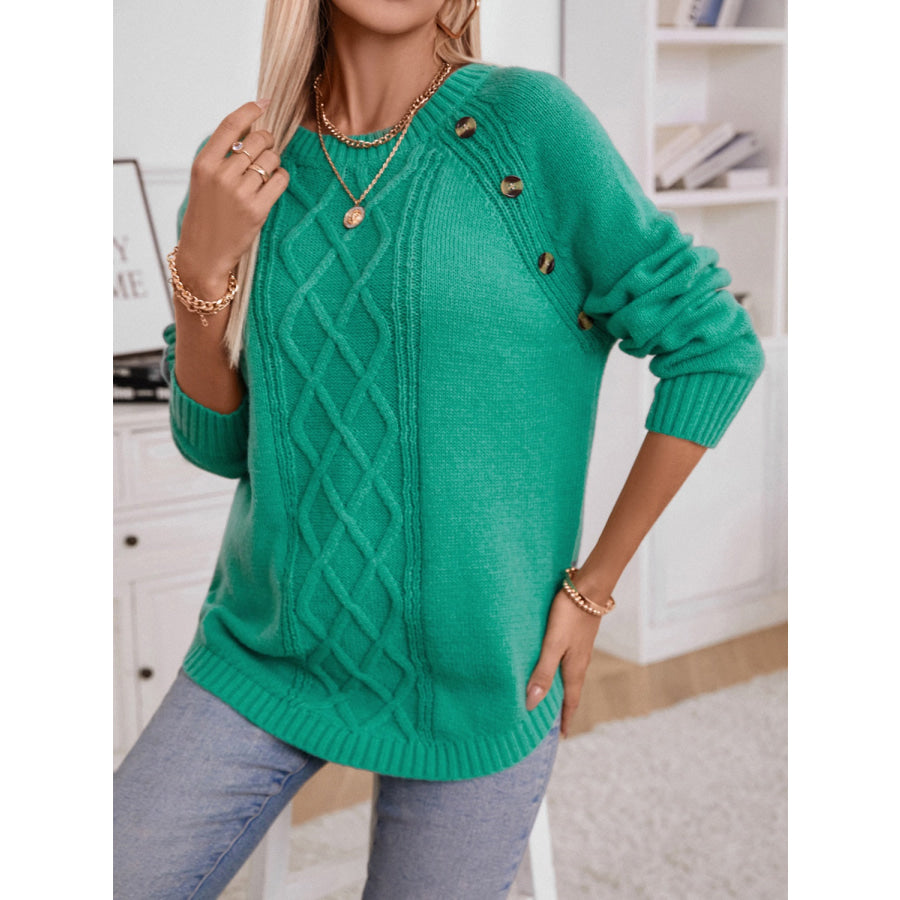 Decorative Button Round Neck Raglan Sleeve Sweater Apparel and Accessories