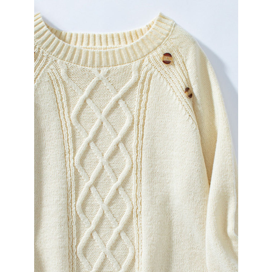 Decorative Button Round Neck Raglan Sleeve Sweater Apparel and Accessories