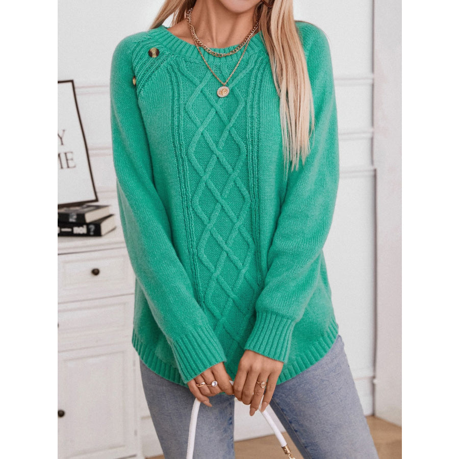 Decorative Button Round Neck Raglan Sleeve Sweater Apparel and Accessories