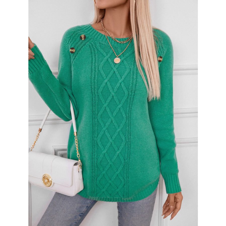 Decorative Button Round Neck Raglan Sleeve Sweater Apparel and Accessories