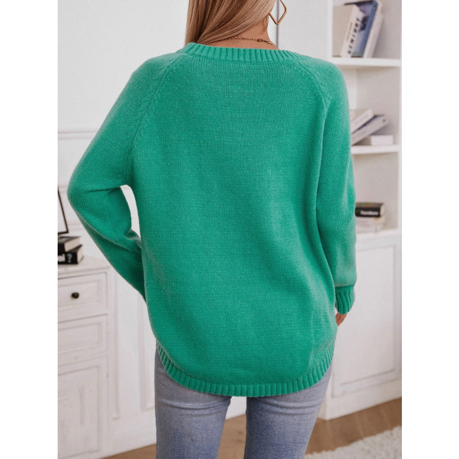 Decorative Button Round Neck Raglan Sleeve Sweater Apparel and Accessories