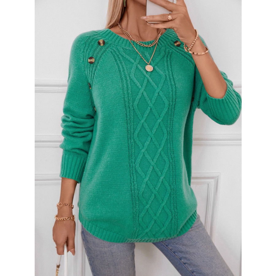 Decorative Button Round Neck Raglan Sleeve Sweater Apparel and Accessories