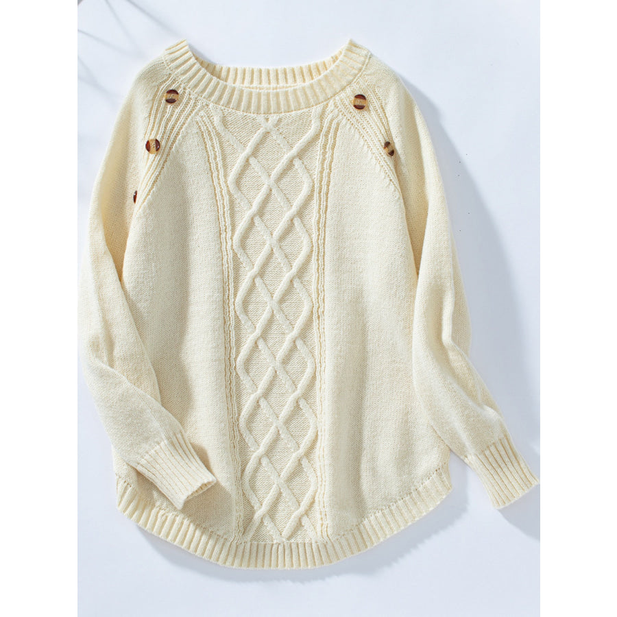 Decorative Button Round Neck Raglan Sleeve Sweater Cream / S Apparel and Accessories