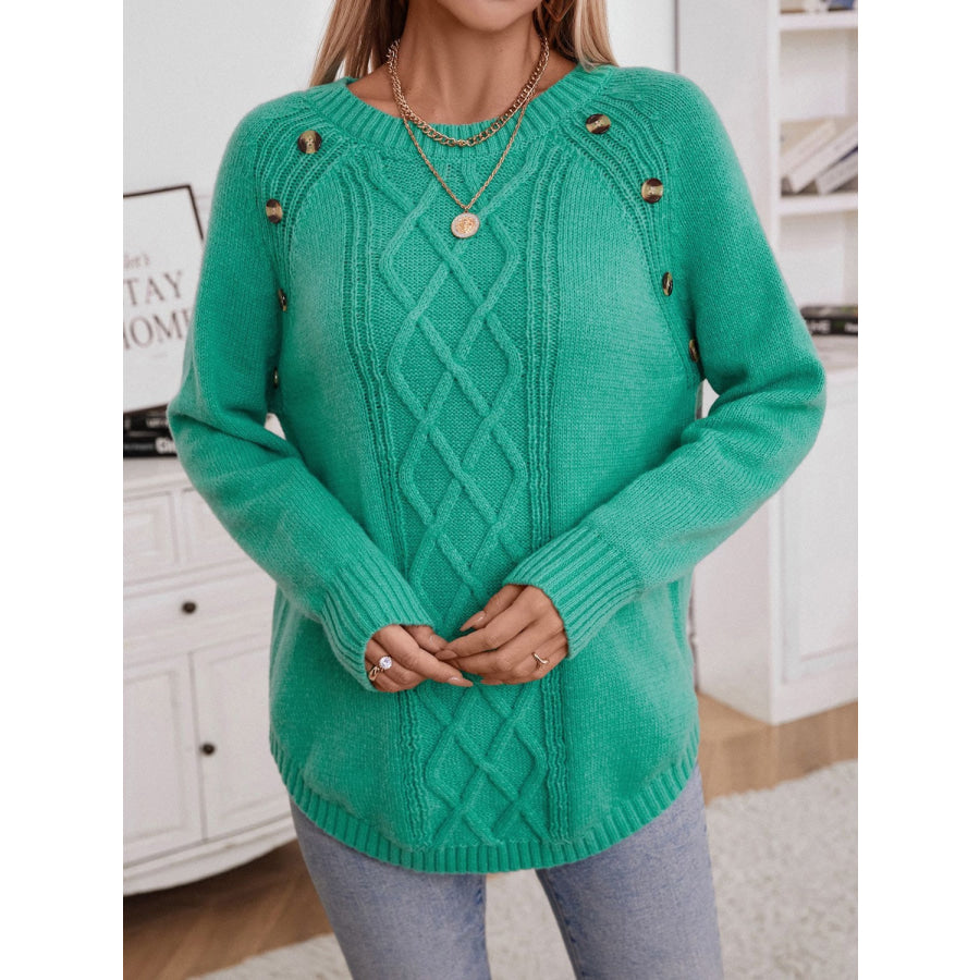 Decorative Button Round Neck Raglan Sleeve Sweater Green / S Apparel and Accessories