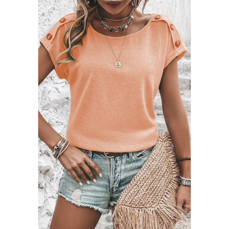 Decorative Button Round Neck Short Sleeve Blouse Apparel and Accessories