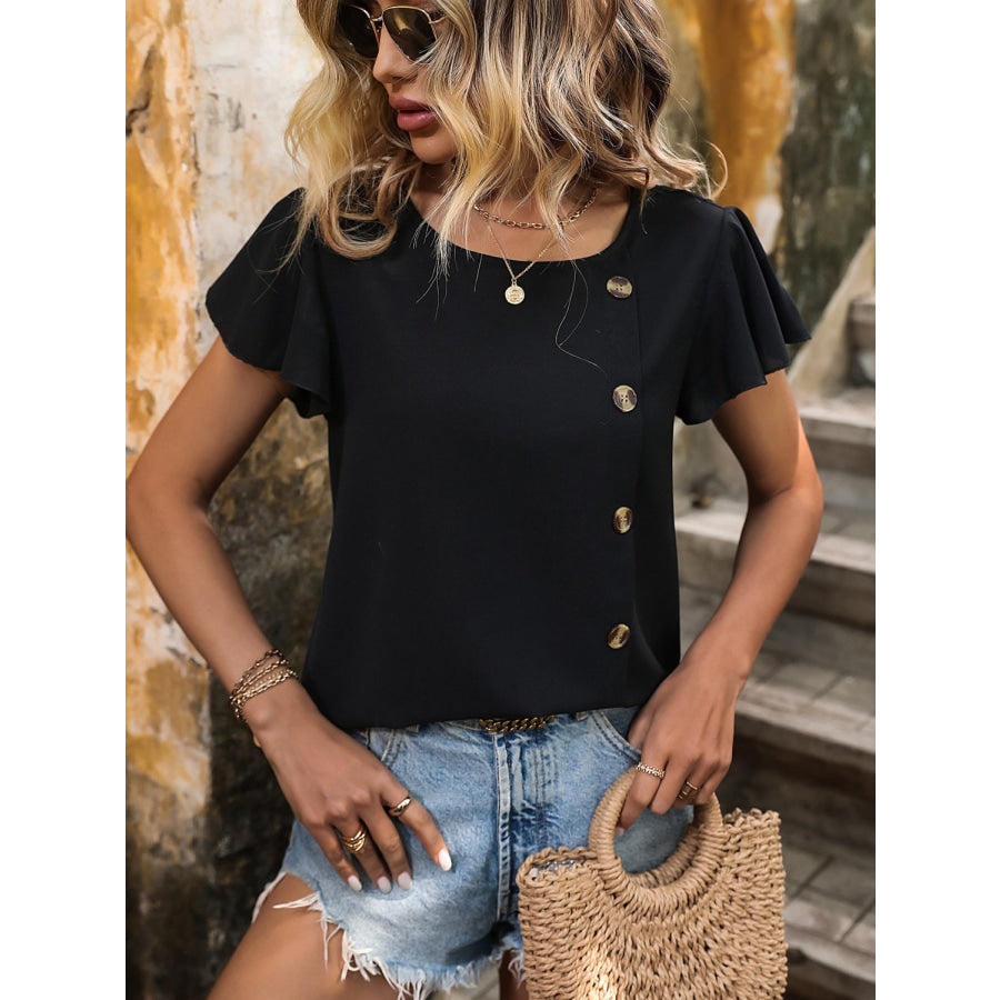 Decorative Button Round Neck Short Sleeve Blouse Apparel and Accessories