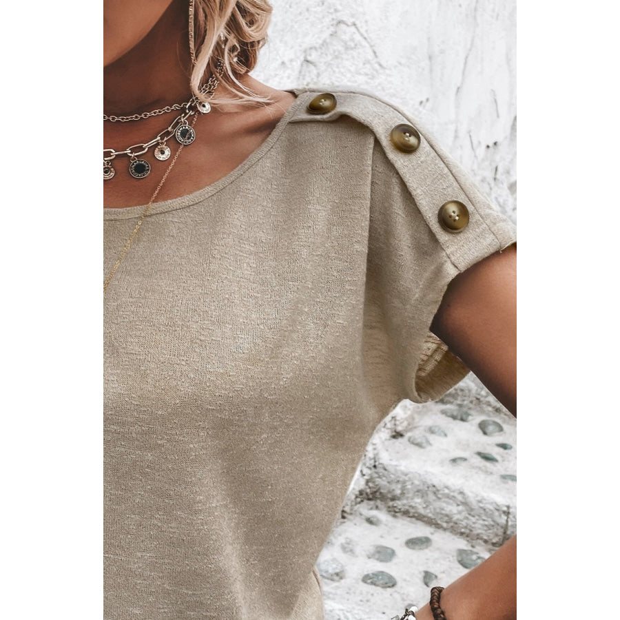 Decorative Button Round Neck Short Sleeve Blouse Apparel and Accessories