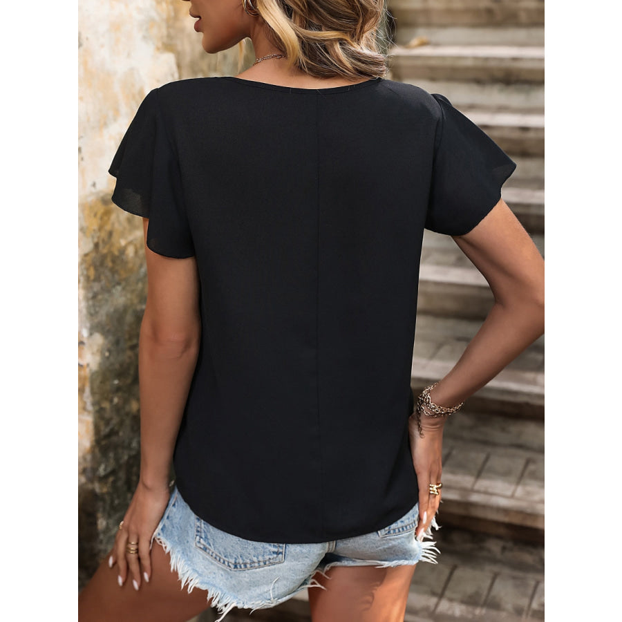 Decorative Button Round Neck Short Sleeve Blouse Apparel and Accessories