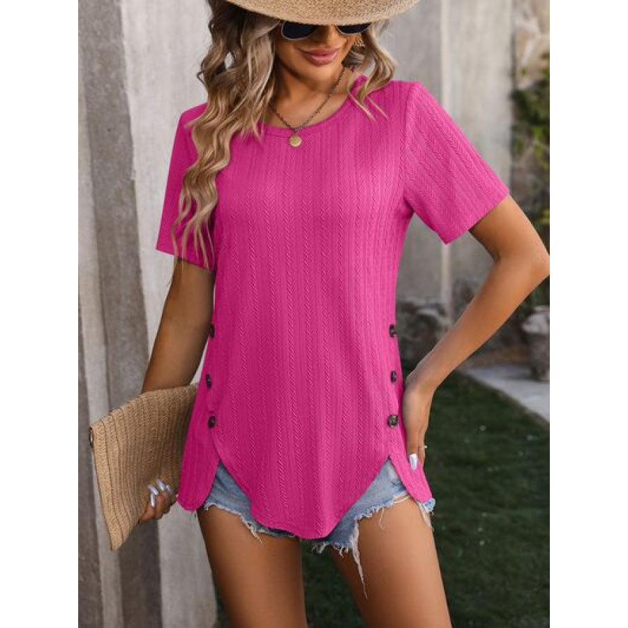 Decorative Button Round Neck Short Sleeve Blouse Apparel and Accessories