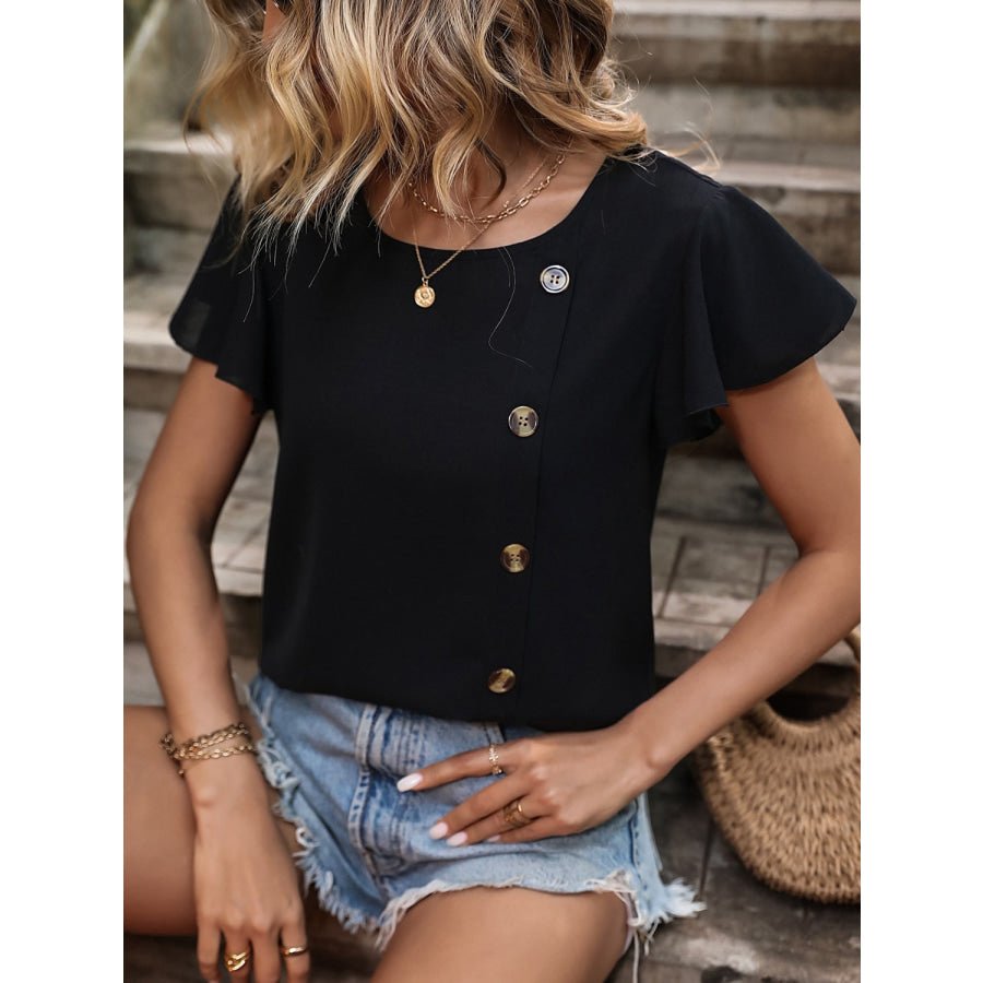 Decorative Button Round Neck Short Sleeve Blouse Apparel and Accessories